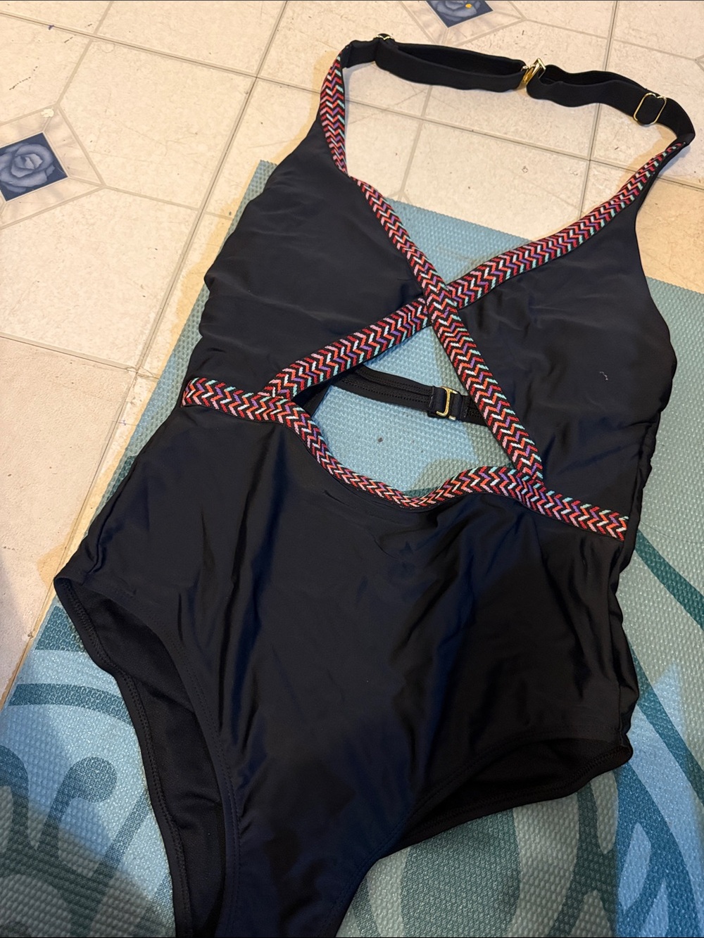 Xhilaration Black One-Piece Swimsuit with Red Chevron Straps